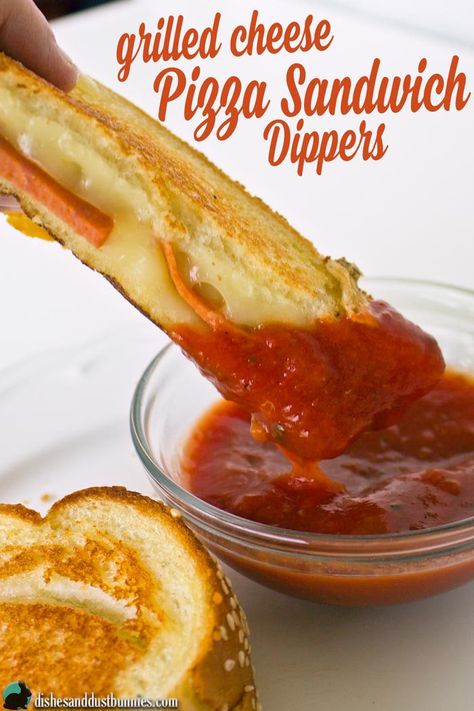 Grilled Cheese Pizza Sandwich Dippers from dishesanddustbunnies.com Grilled Cheese Pizza, Pizza Dippers, Pizza Grilled Cheese, Classic Grilled Cheese, Pizza Sandwich, Dust Bunnies, Lunch Idea, Savoury Baking, Kids Food