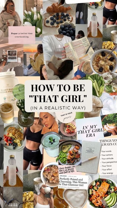 That girl collage also don't forget to read your Bible everyday That Girl Lifestyle Aesthetic, That Girl Collage, That Girl Motivation, That Girl Wallpaper, Health Widget, Health Collage, Healthy Girl Era, Inspo Collage, Extreme Fitness