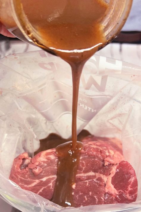 Pouring-Beef-Marinade Marinate Roast Beef, Filet Steak Marinade, Marinate Fillet Mignon, Beef Tenderloin Steak Marinade, Beef Tenderloin Recipes Grilled Marinade, Filet Mignon Recipes Grilled Marinade, Tenderloin Marinade Beef, Marinated Filet Mignon, Best Filet Mignon Marinade