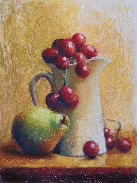 Still Life With Crayons, Oil Pastel Fruit Art, Jug Drawing, Soft Pastel Art Ideas, Oil Pastel Still Life, Fruit Art Drawings, Oil Pastel Drawings Easy, Soft Pastels Drawing, Soft Pastel Art