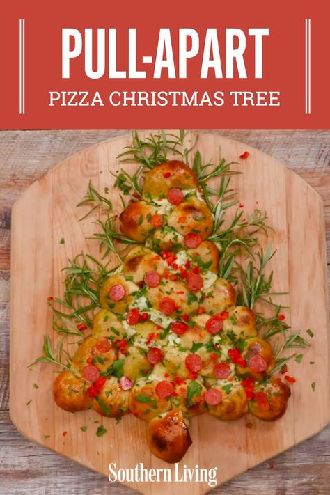 Cheese, garlic, and dough: these are a few of our favorite things. We've combined these into a wonderful holiday appetizer perfect for your Christmas cocktail party. This pizza pull-apart bread can be formed into any shape, but we love a festive Christmas tree. #christmas #christmaspartyfood #christmasappetizer #pullapartappetizer #southernliving Holiday Wreath Pizza Pull Apart, Christmas Leftovers Pull Apart Bread, Pioneer Woman Bread Dough Christmas Tree Pizza, Christmas Pizza Appetizers, Foccacia Bread Art Christmas Tree, Christmas Tree Pizza Bites, Christmas Tree Spinach Pull Apart Bread, Christmas Tree Pizza Pull Apart, Pizza Dough Christmas Tree Appetizer