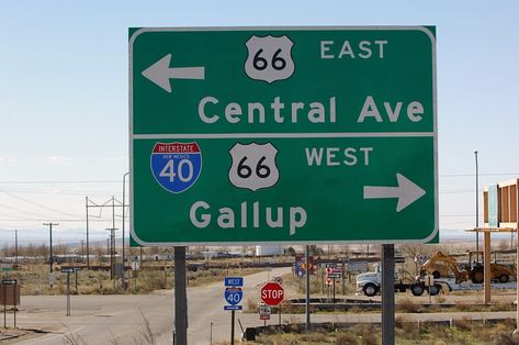 New Mexico - U. S. highway 66 and interstate 40 sign. Old Route 66, School Places, Interstate Highway, California History, Trucking Life, Motor Coach, Road Sign, Iron Gates, Road Trippin