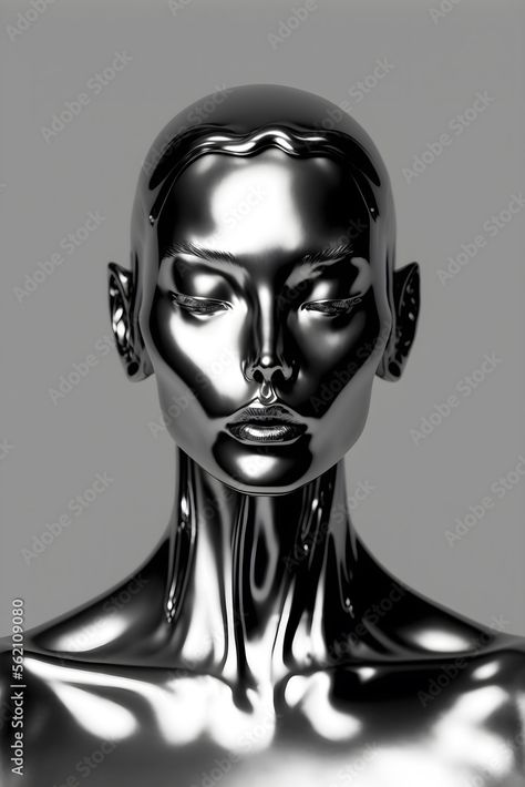 Chrome Portrait, Black Cartoon Art, Chrome Objects, Reference Photos Objects, Distorted Face, Surrealist Art, Black And White Art Drawing, Air Brush Painting, Futuristic Art