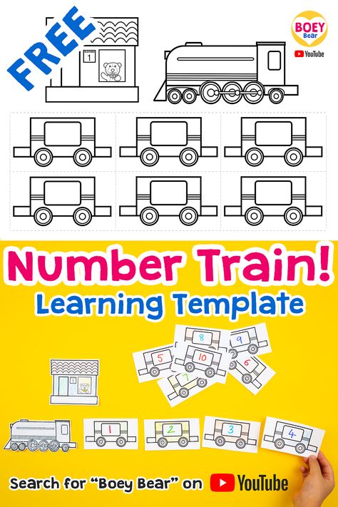 Free printables for toddlers and preschoolers. For children who love trains and transportation, why not make it a learning opportunity! Can be used as a number train or an alphabet train. Accompanies our YouTube Channel for under 5's (search for "Boey Bear" on YouTube). Trains for kids craft activities - colour, decorate, cut and play! Alphabet Train Printable Free, Train Numbers Free Printable, Alphabet Train Printable, Free Printables For Toddlers, T Is For Train, Trains Preschool, Task Ideas, Polar Express Theme, Curriculum Preschool