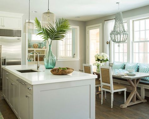 Tropical Kitchen Design, Beach Style Kitchen, Tropical Kitchen, Key West Style, Beach Kitchens, House Of Turquoise, Contemporary Coastal, Paint Colors Benjamin Moore, White Quartz Countertop