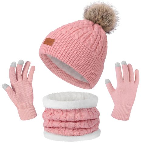 3 in 1 Winter Hat Scarf Glove Set for Women, Warm Fleece Lined Knit Beanie Hat Touchscreen Gloves and Neck Warmer Fleece Beanie, Colorful Hat, Hat And Scarf Sets, Hat Scarf, Touch Screen Gloves, Knit Beanie Hat, Scarf Set, Teenage Fashion Outfits, Winter Hat