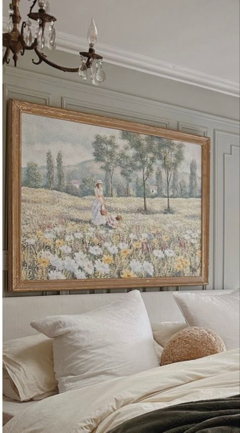 French Country Above Bed Decor, Cottage Core Frame Wall, Classic Southern Home Decor Bedroom, Floral Pictures On Wall, Large Art Bedroom, French Cottage Room Aesthetic, Paintings Over Bed, Vintage Art Above Bed, Southern Minimalist Home