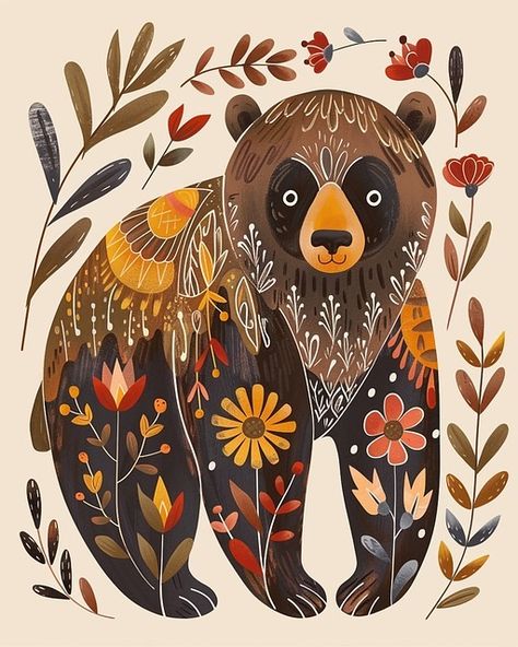 Download free HD stock image of Ai Generated Bear Illustrated Animals, Illustration Bear, Folk Art Animals Illustration, Bear Illustration Design, Bear Illustration Cute, Folk Art Illustration, Bear Painting, Nordic Folk Art, Bear Artwork Illustration