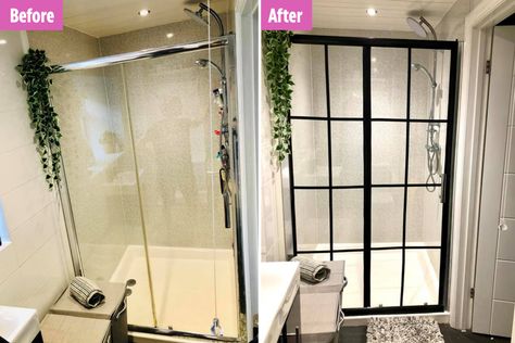 Apartment Shower Upgrade, Diy Shower Screen, Window Pane Shower Door, Black Shower Screen, Grid Shower Door, Alpine Cottage, Diy Shower Door, Upgrade Bathroom, Shower Upgrade