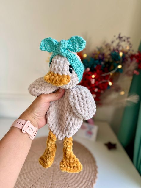 Duck Snuggler, Duck Lovey, Della Duck, Duck Crochet, Toy Duck, Crochet Duck, Lovey Crochet, Touch Hand, Duck Birthday