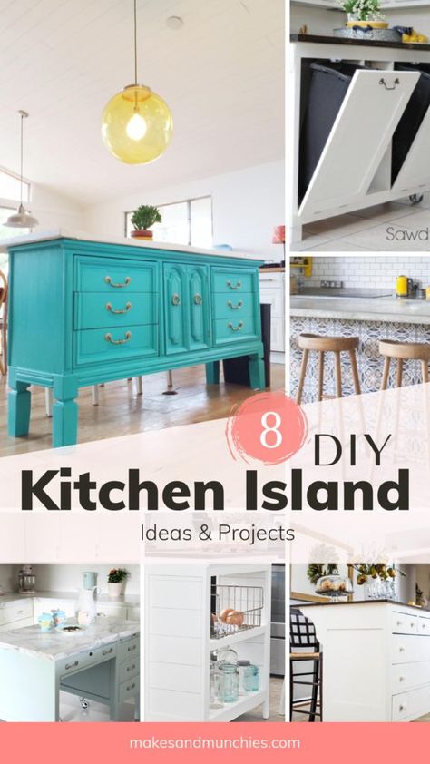 DIY Kitchen Island Ideas Adding a kitchen island to a kitchen can be so exciting. You can add storage and have extra space to work with. You can personalize your kitchen island to be anything you want. It doesn't have to be the traditional island you see mostly. It can be DIY'd by getting creative and repurposing furniture that you already have, or you can thrift it all on a budget. #DIYKitchenIsland, #KitchenIsland, #HomeDecor, #DIY, #KitchenIdeas #KitchenIslandIdeas #KitchenProjects Unique Kitchen Island Ideas, Diy Kitchen Island Ideas, Unique Kitchen Island, Kitchen Island Layout, Images Of Kitchen Islands, Repurposed Kitchen, Grand Kitchen, Turquoise Kitchen, Kitchen Island Ideas