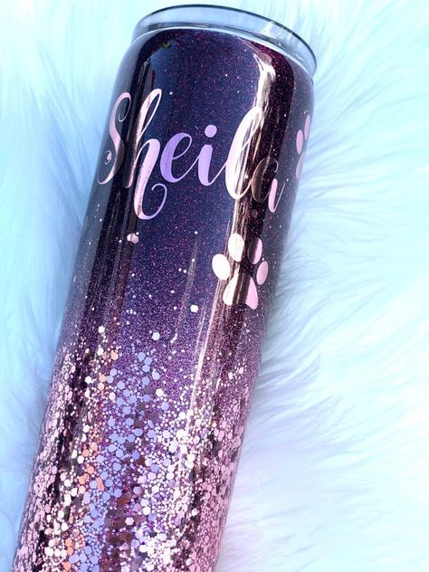 Paw Print Ombré Glitter Tumbler Personalized Mug Paw Print | Etsy Epoxy Tumbler Ideas, Ombré Glitter, December Crafts, Gold Tumbler, Epoxy Tumbler, Glitter Tumbler Cups, Glitter Wine, Tumbler Cups Diy, Cat Mom Gifts