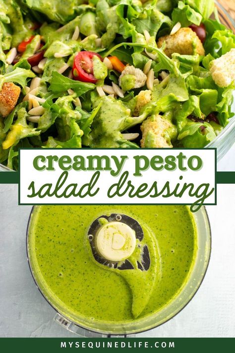 Pesto salad dressing in the food processor and then drizzled over a mixed greens salad. Vegan Pesto Salad, Pesto Salad Dressing, Basil Salad Dressing, Basic Salad, Pesto Vinaigrette, Pasta Primavera Recipe, Pesto Salad, Pesto Dressing, Red Pesto