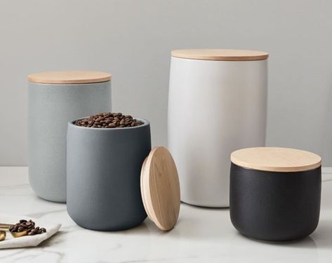 10 Food Storage Containers You'll Want To Have On Hand | Hunker Spice Rack Design, White Canisters, Kitchen Trends, Kitchen Canisters, Kitchen Jars Storage, Storage Jars, Bedding Shop, Maple Wood, West Elm