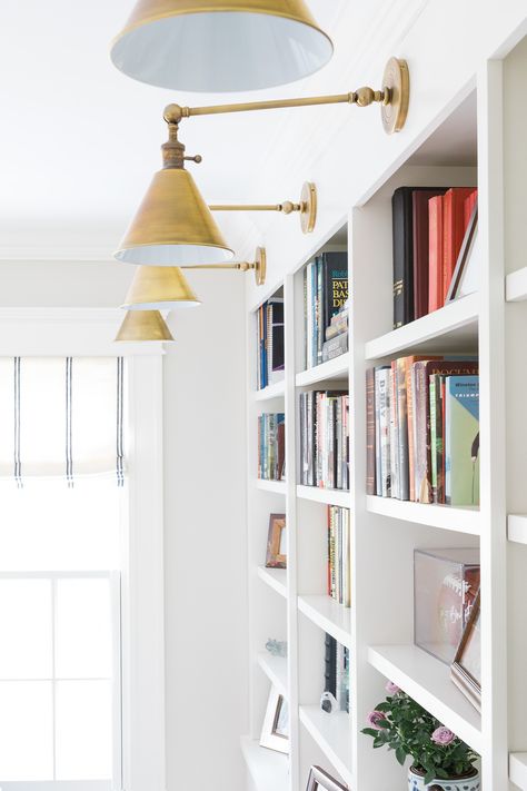 Sconces Over Bookshelves, Brass Bookshelf Lights, Library Bookcase Lights, Bookcase Lighting Ideas, Bookcase Lighting Ideas Built Ins, Interior Design Kids Bedroom, House Interior Design Kitchen, House Interior Design Bedroom, Window Seat Kitchen