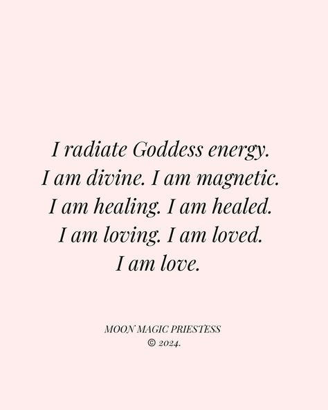 First Quarter Moon 🌓 in Leo ♌️ energy. ✨🦋✨777. Affirm: I radiate Goddess energy. I am divine. I am magnetic. I am healing. I am healed. I am loving. I am loved. I AM LOVE. ✨🦋✨ In the cosmic vortex of existence, she embodies a unique healing Goddess essence, radiating her energy and aura within every radius. She is a vessel of divinity, a presence so magnetic it draws forth the light within others. Through her soul flows the healing currents of the universe, both healer and healed in the... You Are A Goddess, I Radiate Goddess Energy, I Am Magnetic, Goddess Affirmations, Magnetic Aura, Healing Goddess, I Am Healing, I Am Divine, I Am Healed