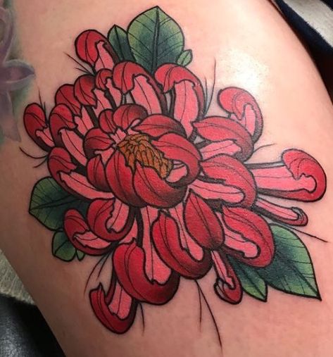 Chrysanthemum Jolene Tattoo, Crysantenum Tattoo, Red Chrysanthemum Tattoo, Sick Tattoos, Chrysanthemum Tattoo, Sick Tattoo, Tattoo Portfolio, Tattoo Idea, Color Tattoo