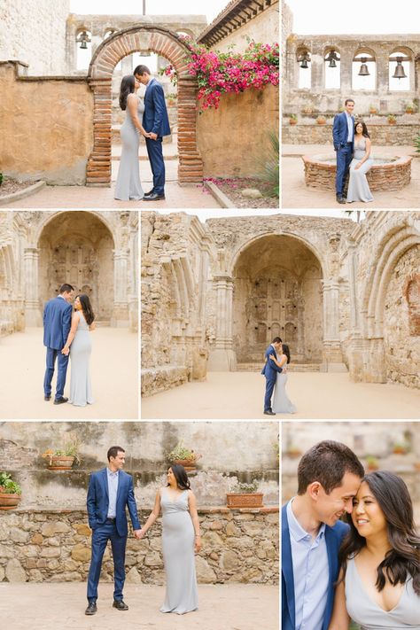 Mission San Juan Capistrano Engagement Shoot, San Juan Mission Engagement, Mission Engagement Photos, San Juan Capistrano Mission Photoshoot, Mission San Juan Capistrano Engagement, San Juan Capistrano Engagement Shoot, Engagement Shoot Outfits Summer, Winter Engagement Party Outfit, Engament Pictures