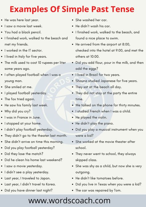 Simple past tense sentences examples, 50+ sentences of simple past tense.

1. When I paid her one dollar, she answered my question.
2. She worked at the movie theater after school.
3. They never went to school, they always skipped class.
4. She was shy as a child, but now she is very outgoing.
 
more.. more.. Past Simple Sentences, Simple Past Tense Sentences, Past Tense Sentences, Sentence English, Simple Sentence, Basic English Sentences, The Movie Theater, Simple Past, Sentence Examples