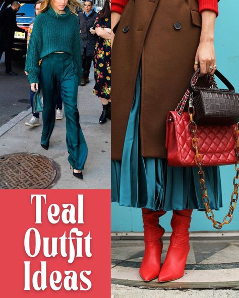 Teal And Brown Outfits For Women, Teal Green Outfits For Women, Green And Teal Outfit, Dark Teal Outfit Color Combos, Teal Pants Outfit Fall, Teal Slacks Outfit Women, Dark Teal Top Outfit, Colors That Go With Teal Clothes, Teal Fall Outfits