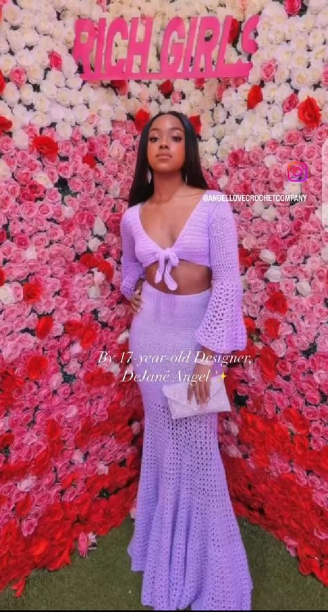 Purple Crochet Dress, Outfits With Flowers, Long Sleeve Top With Skirt, Corset Long Sleeve Top, Crochet Purple, Top With Skirt, Crochet Outfits, Purple Outfit, Knitwear Inspiration