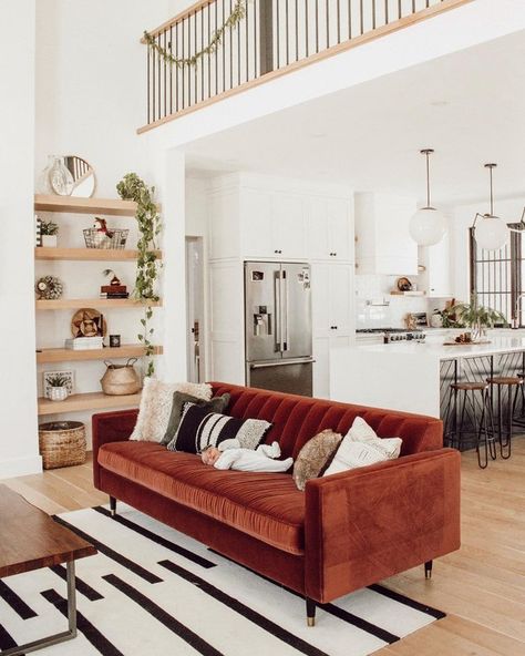 Here Are the Best Ways to Pull Off the Colorful Sofa Trend Without Ruining Your Living Room | Hunker Mid Century Boho Living Room, Chair Architecture, Red Velvet Sofa, Industrial Interior Style, Building Interior, Mid Century Living Room, Living Room Red, Industrial Interiors, Furniture Bed