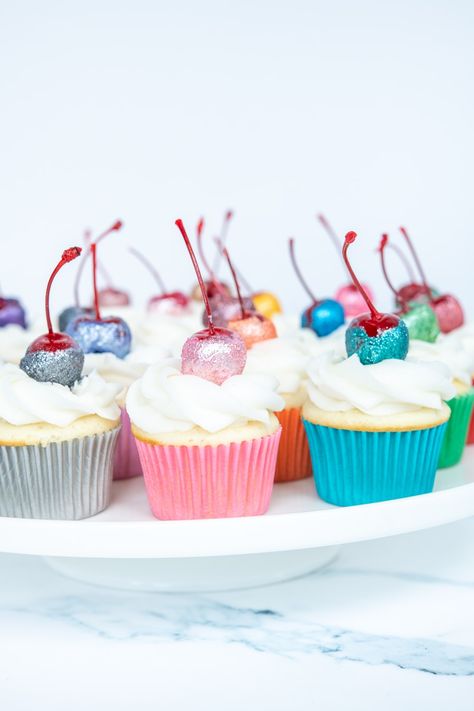 We think all Mondays should be filled with fun colors and lots of glitter! 🤩 #ShopSweetsandTreats #glittercherries #cupcakes #edibleglitter Glitter Cherries, Glitter For Drinks, Sparkly Cupcakes, Sparkle Cupcakes, Edible Glitter Dust, Edible Luster Dust, Cherry Cupcakes, Glitter Cupcakes, Colorful Cupcakes