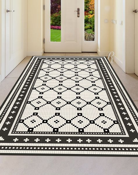 Retro Mosaic Vinyl Matvinyl Mat Vinyl Rug Vinyl Floor - Etsy Vinyl Mats Rugs, Black And White Floor Kitchen, Entryway Refresh, Diy Vinyl Flooring, Patterned Flooring, Rug Painting, Penny Tiles, White Vinyl Flooring, White Salon