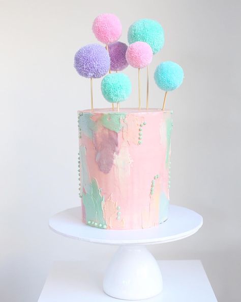 Pom Pom party 🌈 how fun are these toppers by @glitter.is.a.neutral 😍 Cotton Candy Cakes, Sweet Bakes, Fresh Cake, Wedding Cake Ideas, Pink Cake, Drip Cakes, Fancy Cakes, Buttercream Cake, Pretty Cakes