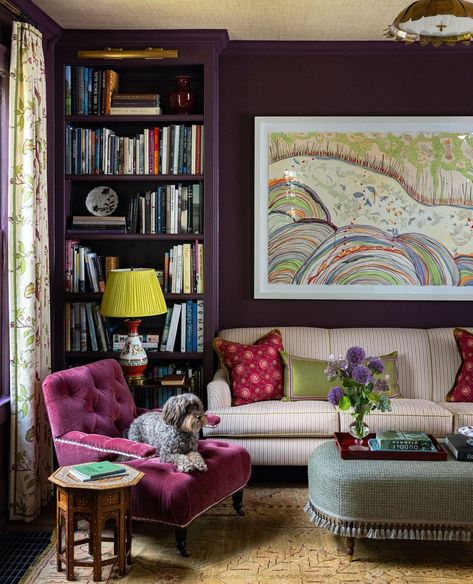 Brinjal Farrow And Ball, Designer Paint Colors, Office Paint Colors, Veranda Magazine, Custom Bookshelves, Purple Interior, North Carolina Homes, Kitchen Paint Colors, Farrow And Ball