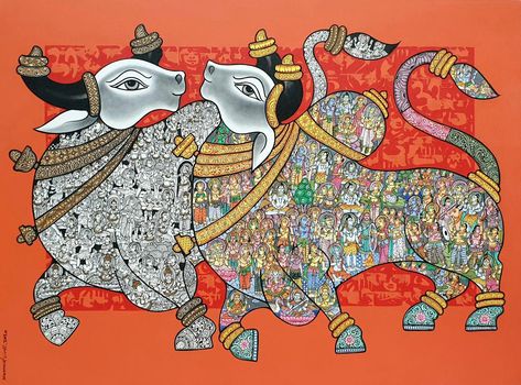 Vivek Kumavat | Dancing Nandi | Acrylic on canvas | 36 x 48 inches Indian Contemporary Art, Modern Indian Art, Indian Artwork, Kalamkari Painting, Indian Art Gallery, Indian Painting, Mandala Art Lesson, Art And Craft Videos, Indian Folk Art