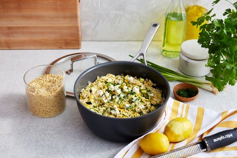 Check out ONE POT ORZO WITH ZUCCHINI, FETA AND SWEET CORN recipe and more from Sur La Table! Orzo With Zucchini, Cold Recipes, One Pot Orzo, Sweet Corn Recipes, Zucchini Corn, Zucchini Feta, Orzo Pasta Salad, One Pot Dinners, Corn Recipe