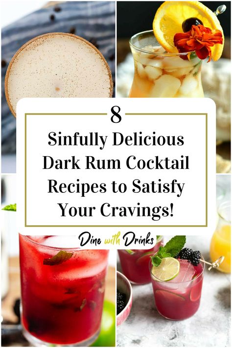 Collage of 4 dark rum cocktails. Drinks With Dark Rum, Dark Rum Drinks Recipes, Dark Rum Recipes, Dark Rum Cocktail Recipes, Dark Rum Drinks, Dark Rum Cocktails, Rum Mixed Drinks, Dark Liquor, Mixology Drinks