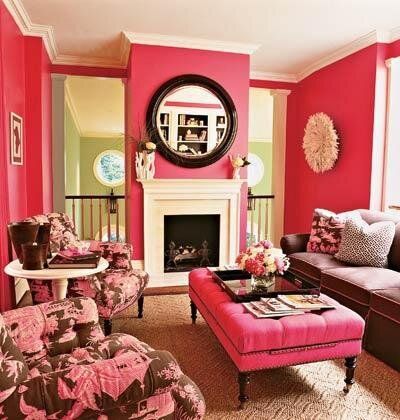 Decorating with Pink Home Remodeling Living Room, Grey Brown Living Room, Chocolate Brown Living Room, Rustic Brown Living Room, Pink Green Decor, Brown Living Room Decorating Ideas, Summer Color Combos, Hot Pink Room, Travel Interior Design