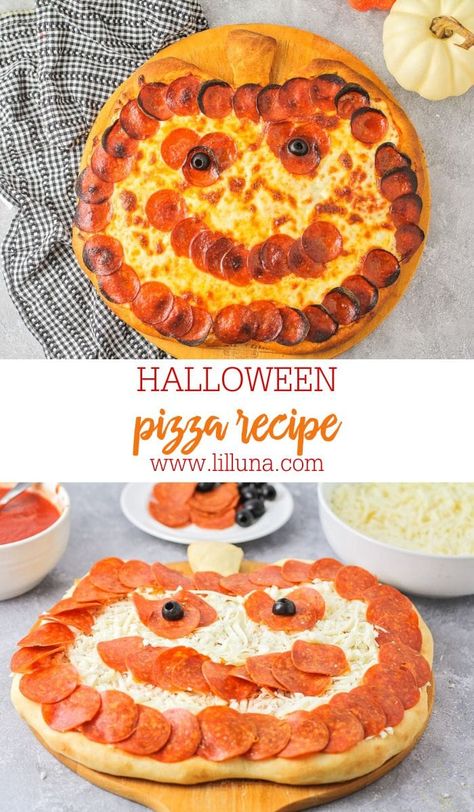 This delightful Halloween pizza is shaped like a smiling jack-o-lantern, perfect for all of your spooky festivities! #halloweenpizza #halloween #pizza #pepperonipizza Lil Luna Recipes, Halloween Pizza Recipes, Ghost Pizza, Pizza Meatloaf, Halloween Food Recipes, Party Food Halloween, Amazing Snacks, Halloween Pizza, Shaped Pizza