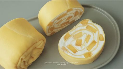 Mango Crepe Roll Cake Recipe Crepe Roll Recipe, Crepe Roll Cake Recipe, Korean Crepe Cake, Crepe Cake Korean, Crepe Cake Aesthetic, Chocolate Crepe Roll Cake, Mango Crepe Roll, Crepe Roll Cake, Cake Crepes