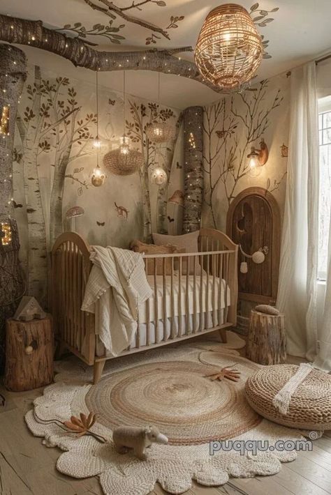 Unisex Nature Nursery, Interior Accent Colors, Nursery Ideas Magical, Woodland Nursery Inspiration, Cutest Nursery Ideas, Children’s Nursery, Warm Cozy Nursery, Neverland Theme Nursery, Fantasy Forest Nursery