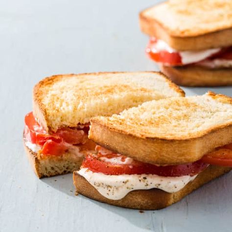 Tomato Sandwiches | Cook's Country Tomato And Mayo Sandwich, Tomato Sandwich Southern, Tomato Sandwich Recipes, Tomato Sandwiches, Tasty Sandwiches, Cooks Country Recipes, Donut Toppings, Plating Ideas, Cookie Toppings