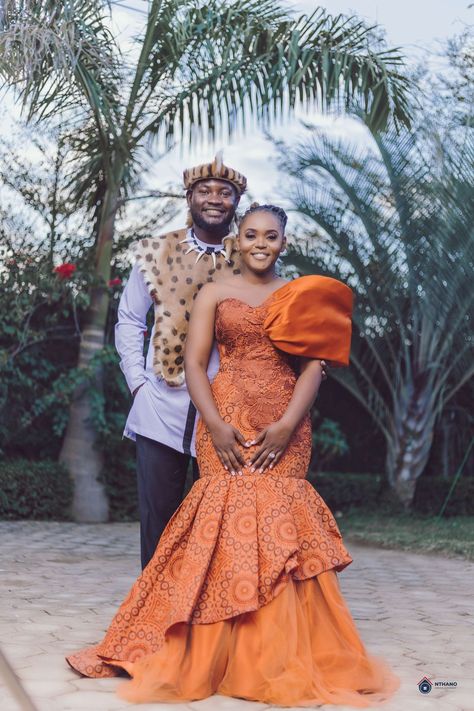 Orange Shweshwe Dresses, Couple Traditional Outfits African, South African Traditional Dresses Design, Lobola Dresses, Shweshwe Dresses South Africa, Traditional Outfits African, Couples African Outfits, South African Traditional Dresses, African Bridal Dress