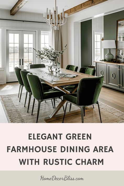 Green Farmhouse Dining Area Farmhouse Dining Room Green, Green Rustic Dining Room, Extendable Green Dining Table Farmhouse, Rustic Green Dining Chairs, Blue Boho Living Room, Farmhouse Dining Area, Green Dining Table, Dining Table Green, Green Upholstered Chair