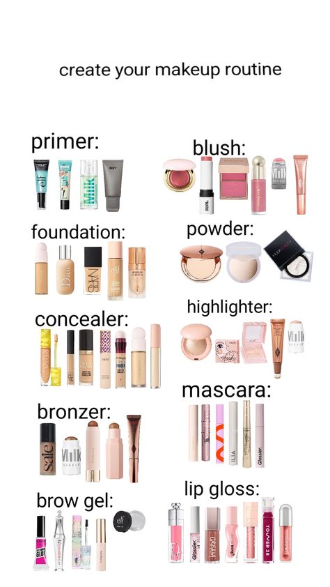 create your makeup routine! #makeuproutine #makeup #shuffles Good Quality Makeup Products, Make Up Best Products, Makeup Products Tutorials, Makeup Products Essential, Best Makeup Products For Natural Look, Cheap Makeup Must Haves, Make Up Recommendations, Perfect Makeup Routine, Make Up List