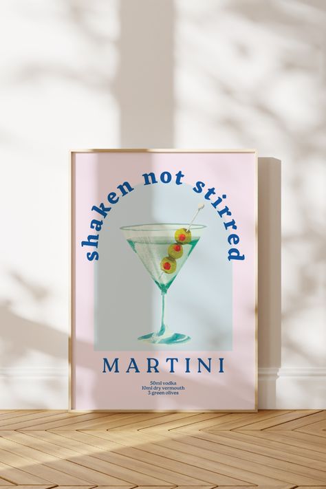 Martini Art Print - shaken not stirred, martini glass, martini ingredients, pink background, blue writing Drinks Art, Martini Art, Bday Themes, Book Flatlay, Martinis Drinks, Shaken Not Stirred, Martini Bar, Bachelorette Ideas, Dry Vermouth