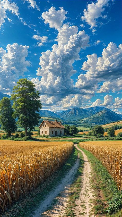 Corn Field Painting, Nature Cottage, Seeking Peace, Corn Field, Mountain Backdrop, Colossal Art, Dirt Road, Beautiful Locations Nature, Beautiful Landscape Wallpaper