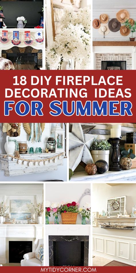 Collage of summer mantel decor ideas August Mantle Decor, Summer Mantle Decor With Tv, Summer Mantel Decor, Summer Fireplace Decor Mantles, Summer Fireplace Decor, Mantle Decor With Pictures, Summer Mantel Decorating Ideas, Mantle Decorating Ideas, Coastal Fireplace