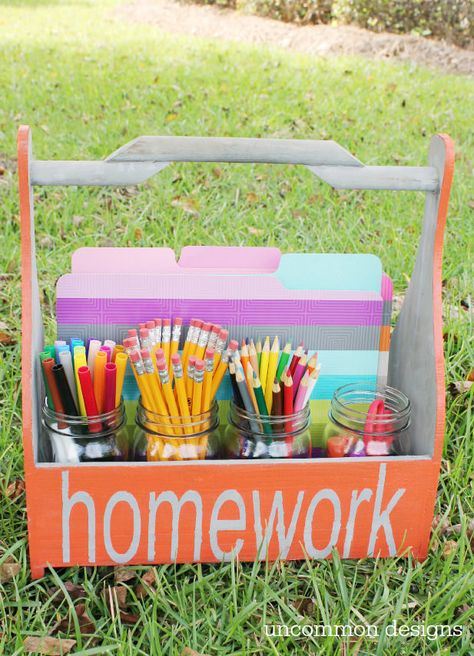 homework caddy...can use this tutorial for caddy - http://www.fynesdesigns.com/15-minute-diy-wood-caddy/ ... Homework Caddy, Wood Caddy, Homework Station, Back To School Organization, Diy Back To School, School Help, Organization Kids, School Readiness, School Organization