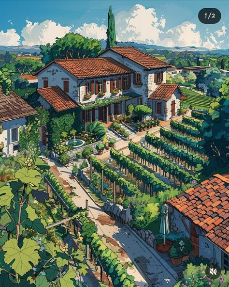 Solarpunk Farm, Anime Architecture, Fantasy Settings, Solar Punk, Family Compound, Urban Landscape Design, Vegetable Garden Planning, Solar Farm, Planets Art