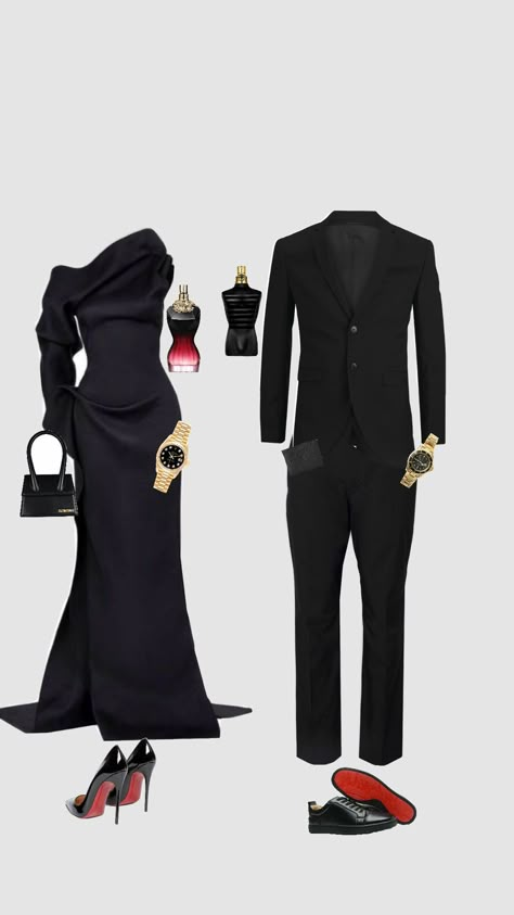 All Black Couple Outfit Formal, Gala Couple Outfit, Black Dress Couple Outfit, Rich Couple Outfits, Couple Elegant Outfits, Couples Elegant Outfits Classy, Mafia Men Outfit, Matching Formal Outfits For Couples, Couple Outfits Matching Classy Black