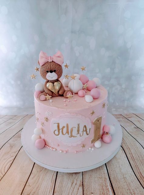 Teddy Bear 1st Birthday Girl, Baby Birthday Cake Girl, Pink Bear Cake, Torturi Baby Shower, Cake Teddy Bear, One Year Birthday Cake, Baby 1st Birthday Cake, Pink Baby Shower Cake, Twin Birthday Cakes