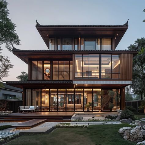 A modern Chinese-style house with large windows and a wooden deck overlooking a peaceful backyard Modern Contemporary Mansion, Deck In Backyard, Modern Chinese Architecture, Chinese Style House, Chinese Modern Architecture, Modern Chinese Home, Chinese Modern House, House With Large Windows, Chinese Villa