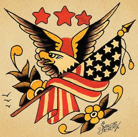 American traditional eagle and flag Traditional Eagle, Traditional Eagle Tattoo, Sailor Jerry Flash, Sailor Jerry Tattoo Flash, Americana Tattoo, Sailor Tattoos, Monami Frost, Patriotic Tattoos, Sailor Jerry Tattoos